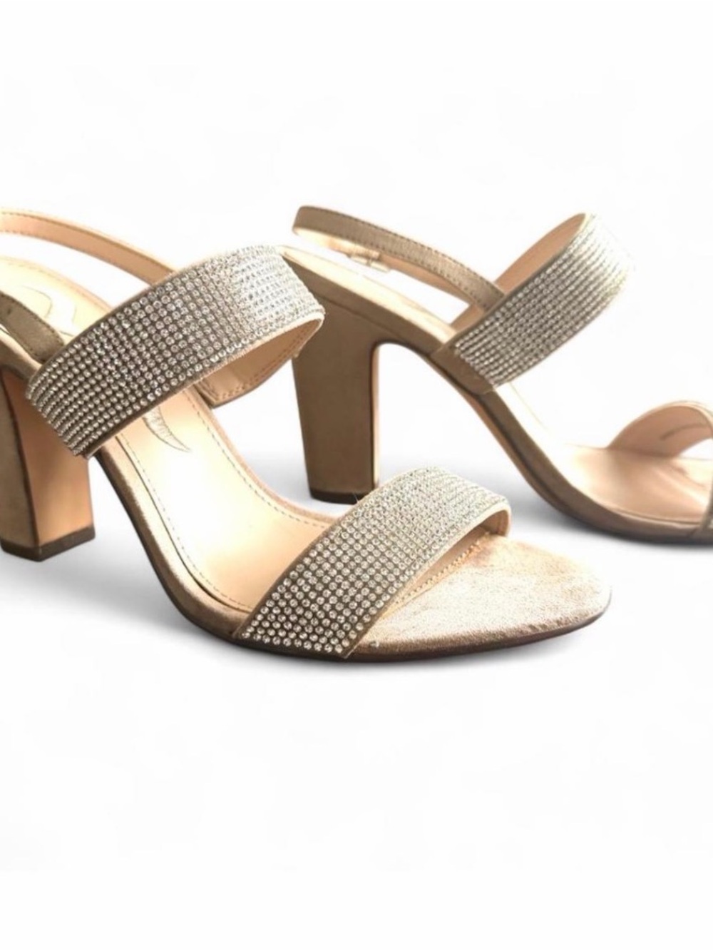 Nina Senta-Fy Rhinestone Double-Strap Block Heel Sandals Alamo Tan Glam 6.5M